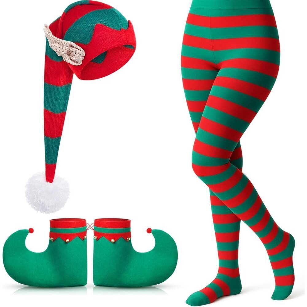Christmas Elf Costume Accessories Set for Adults Hat Shoes Striped Tights